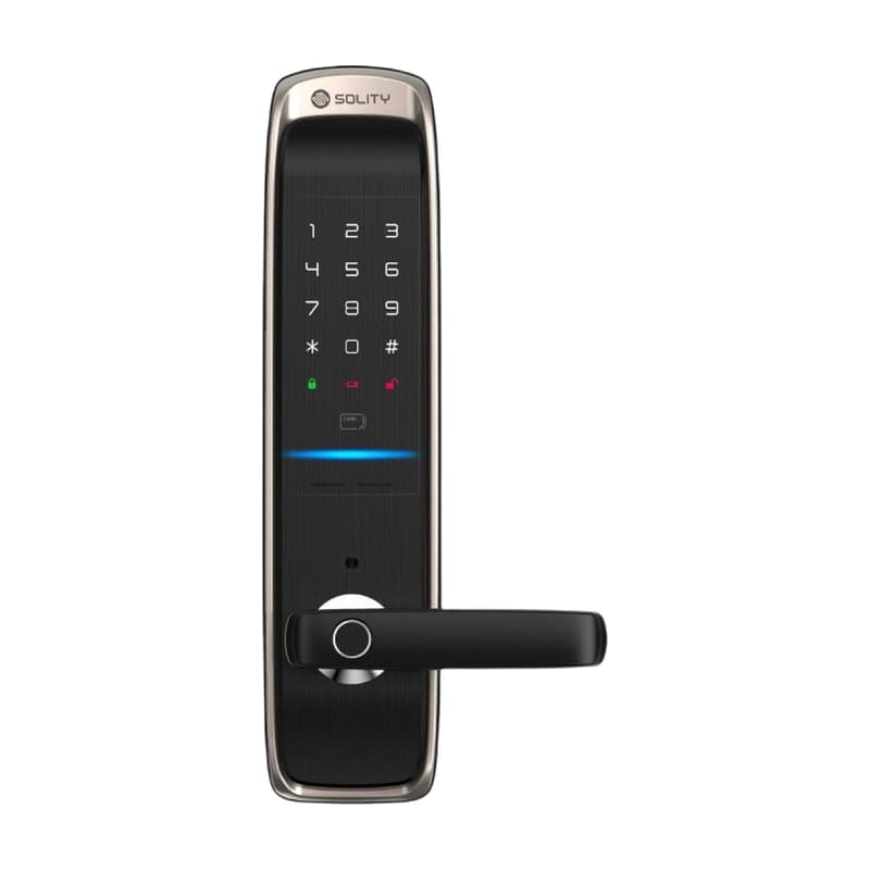 Khóa cửa điện tử vân tay Solity GM-6000BK trên nền trắng, ảnh đúng sản phẩm từ hãng