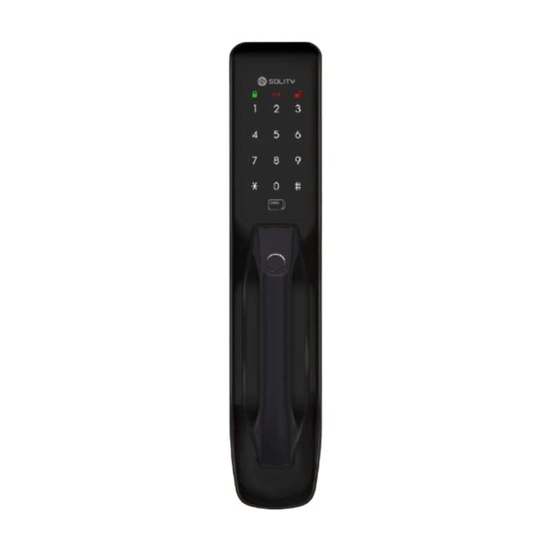 Khóa cửa điện tử vân tay Solity GP-3000BK trên nền trắng, ảnh đúng sản phẩm từ hãng