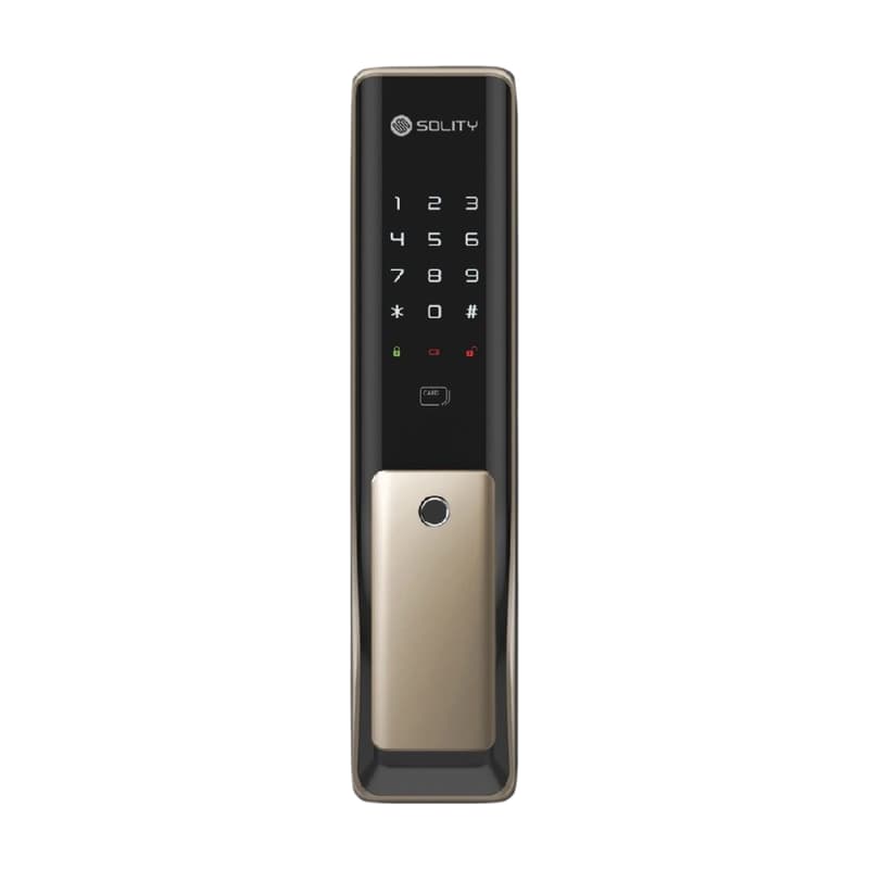 Khóa cửa điện tử vân tay Solity GP-6000BK trên nền trắng, ảnh đúng sản phẩm từ hãng