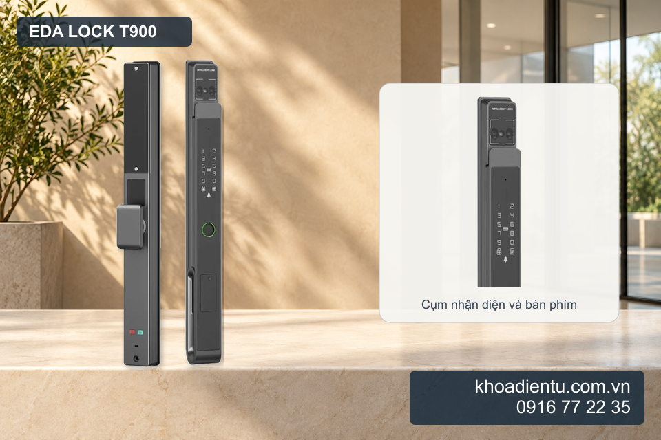 Eda Lock T900 và chi tiết cụm nhận diện, bàn phím phóng to từ ảnh gốc