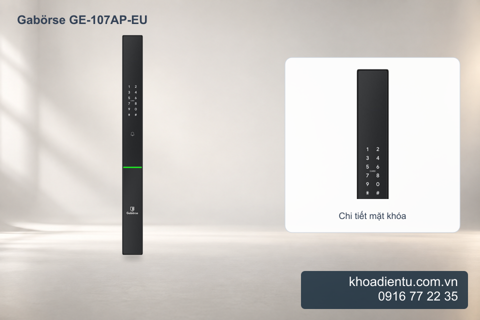 Khóa cửa vân tay Gabörse GE-107AP-EU trong studio trắng kem, chi tiết phóng to từ ảnh gốc