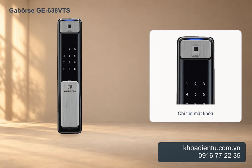 Khóa cửa vân tay Gabörse GE-638VTS trong studio be với ánh sáng ấm, chi tiết phóng to từ ảnh gốc