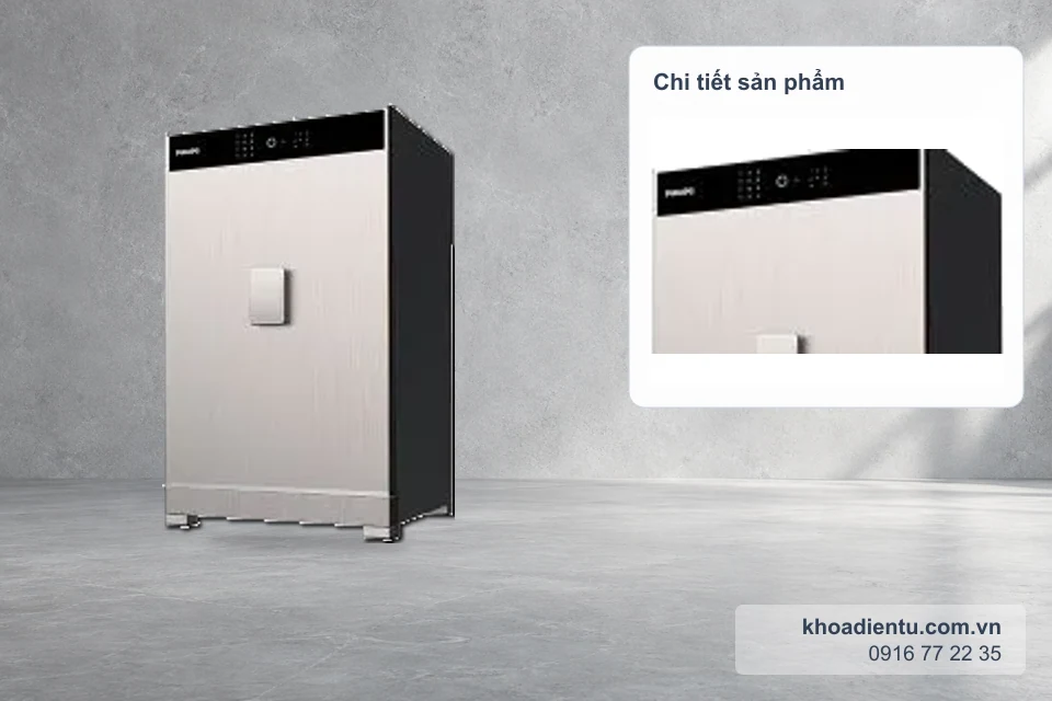 Két Sắt Vân Tay Philips Cao Cấp trên nền studio bê tông sáng, kèm ô phóng to chi tiết