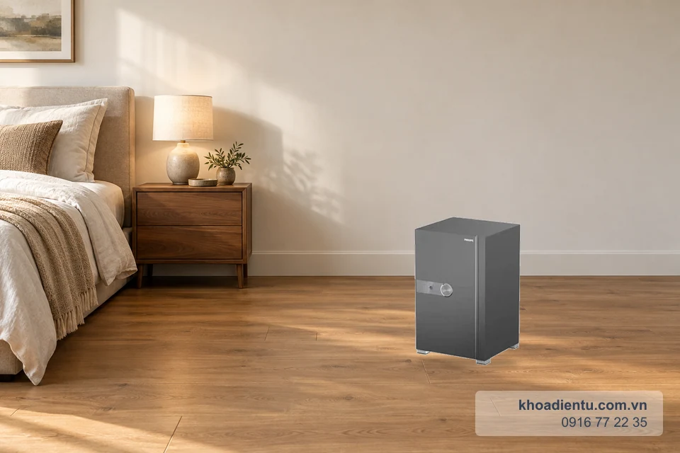 Két sắt vân tay Philips SBX202 - 7C0 ( Kt: 700*450*420) đặt trên sàn tại phòng ngủ hiện đại