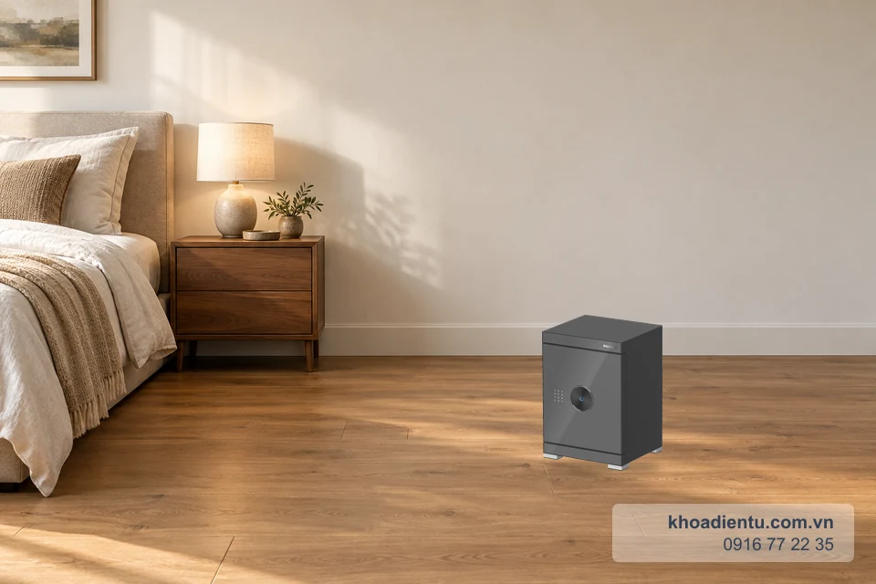 Két sắt vân tay Philips SBX602-5CU (570*400*360) đặt trên sàn tại phòng ngủ hiện đại
