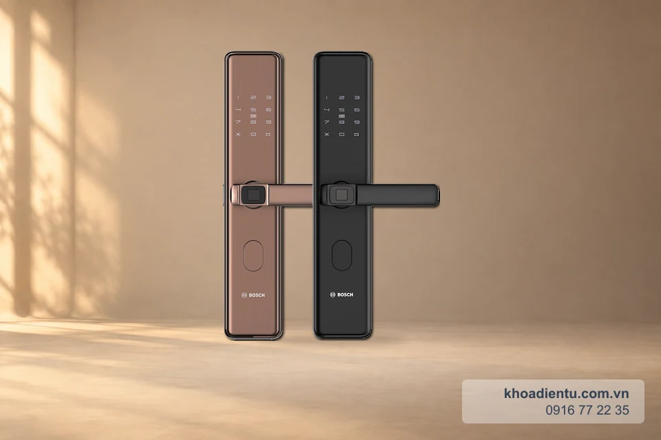Khóa cửa vân tay Bosch ID30 (Đức) trên nền studio be với ánh sáng ấm