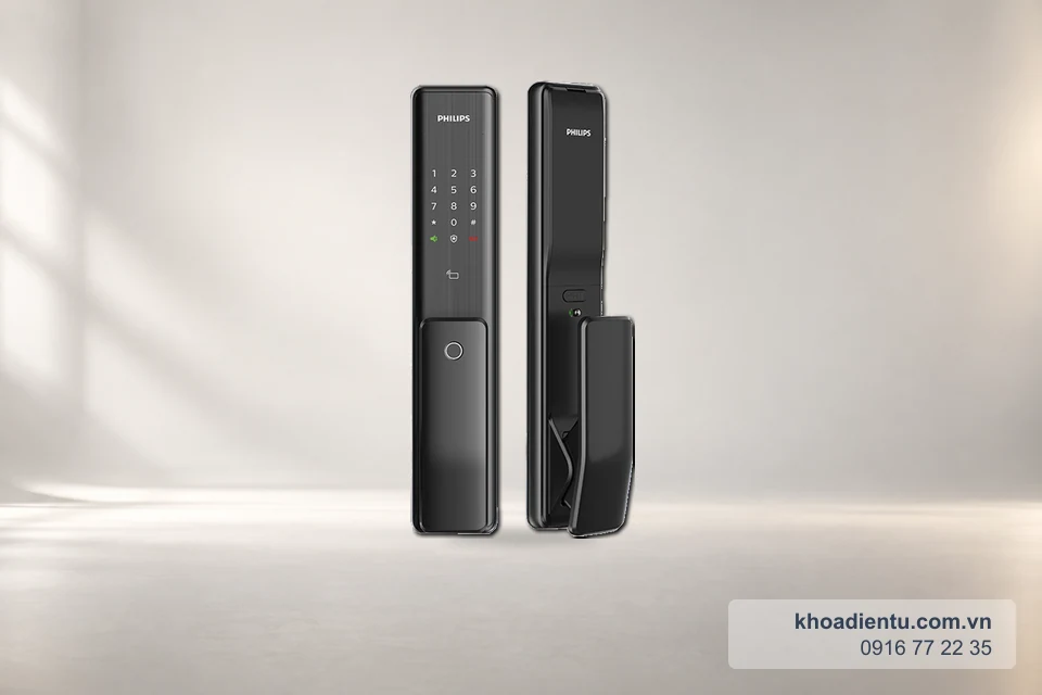 Khóa cửa vân tay Philips Alpha-5HWS trên nền studio trắng kem