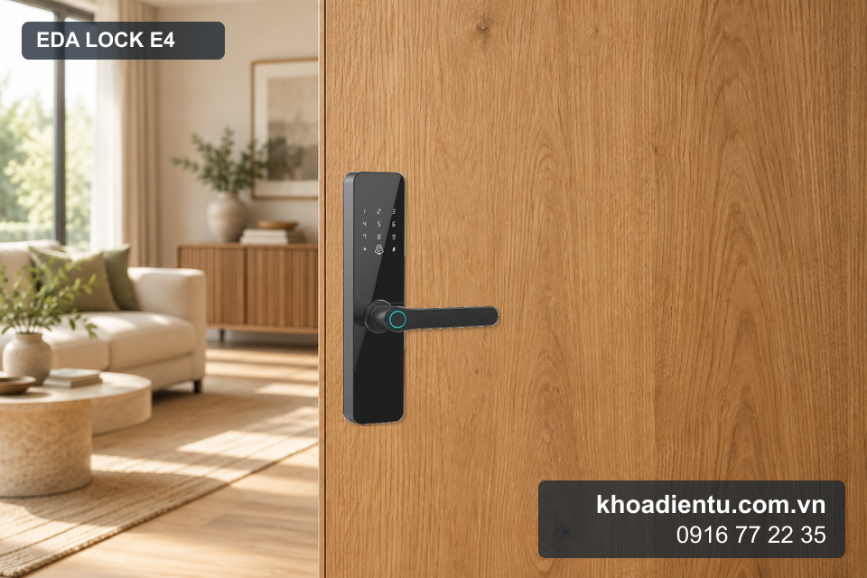 Khóa Eda Lock E4 ghép từ ảnh gốc trên cửa gỗ căn hộ