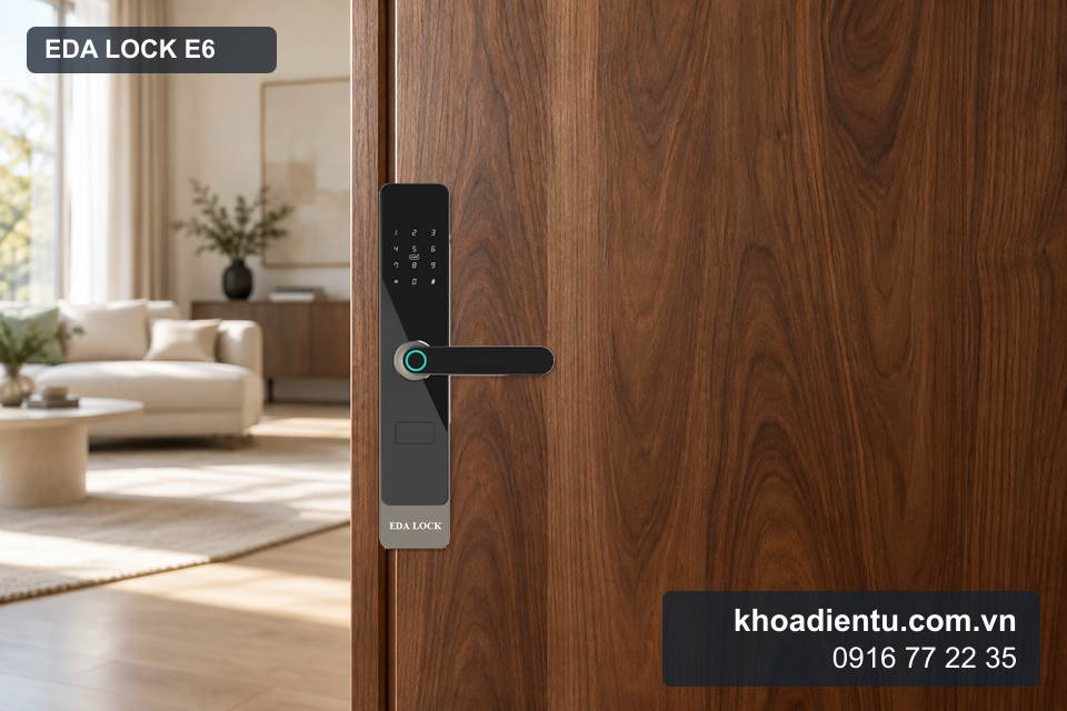 Eda Lock E6 lắp gần mép cửa gỗ óc chó