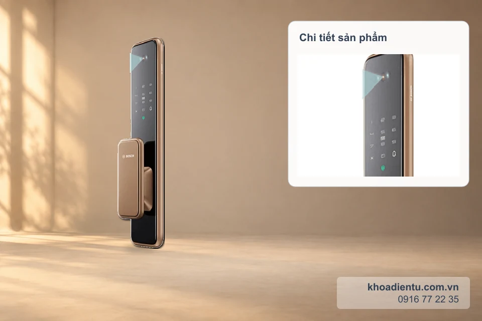 Khóa nhận diện khuôn mặt Bosch EL600F (Đức) trên nền studio be với ánh sáng ấm, kèm ô phóng to chi tiết