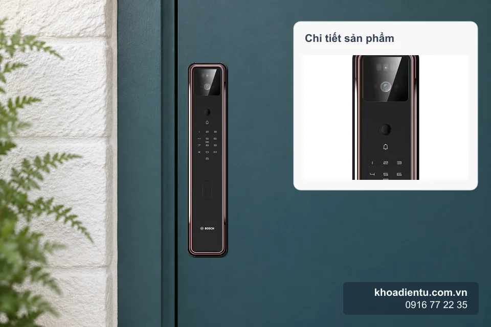 Khóa nhận diện khuôn mặt Bosch FU8 Plus (Đức) lắp gần mép đóng của cửa xanh trầm cạnh tường sáng, kèm ô phóng to chi tiết