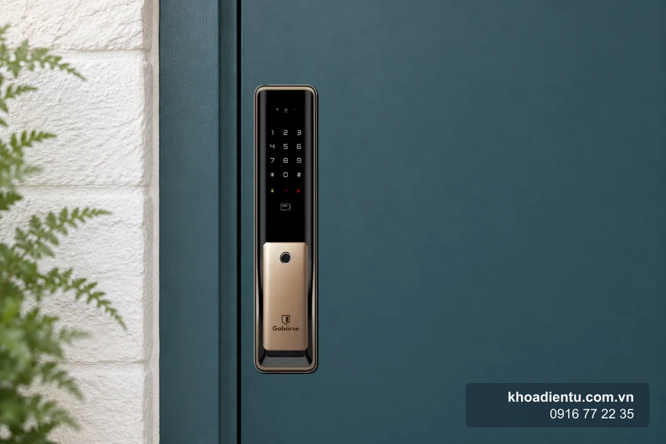 Khóa nhận diện khuôn mặt Gaborse GE-899MVG lắp gần mép đóng của cửa xanh trầm cạnh tường sáng