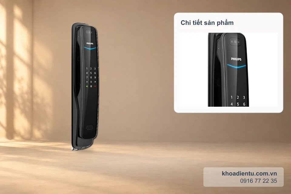 Khóa nhận diện khuôn mặt Philips DDL702-8HWS trên nền studio be với ánh sáng ấm, kèm ô phóng to chi tiết