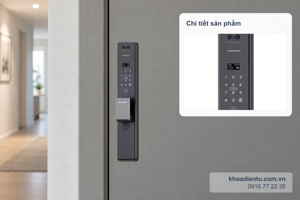 Khóa nhận diện khuôn mặt Sharp R3-FV (Nhật) lắp gần mép đóng của cửa xám tại hành lang căn hộ, kèm ô phóng to chi tiết
