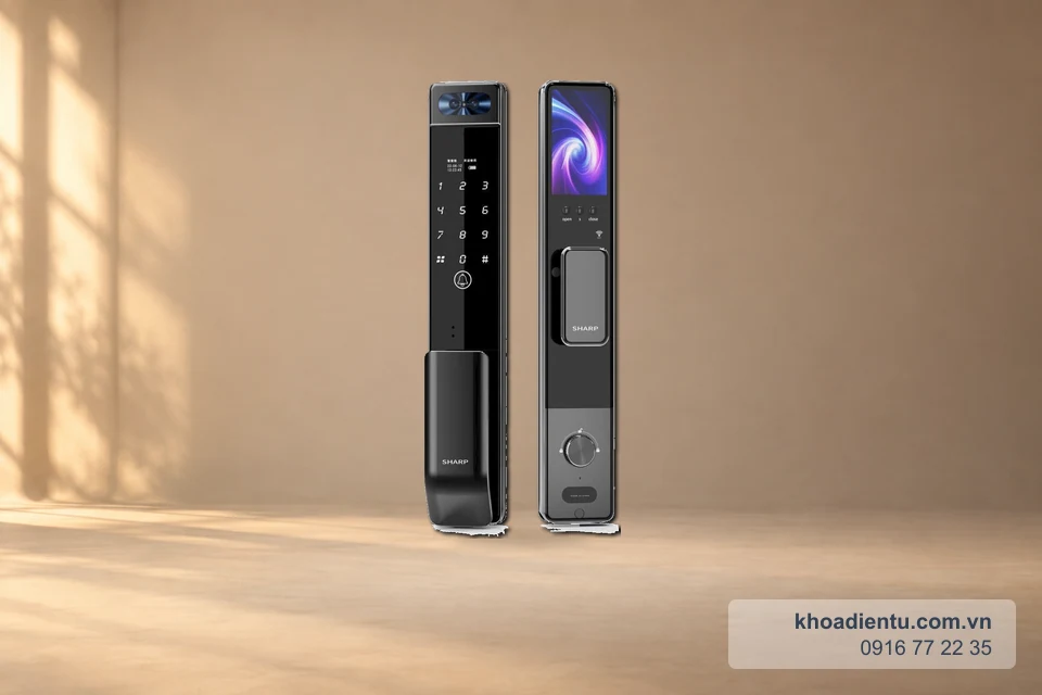 Khóa nhận diện khuôn mặt Sharp S5-FV (Nhật) trên nền studio be với ánh sáng ấm