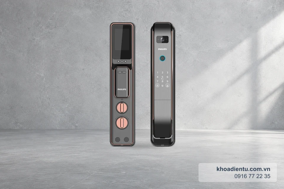 Khóa vân tay chuông hình Philips DDL303-VP trên nền studio bê tông sáng