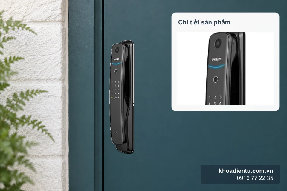 Khóa vân tay Philips DDL702-1HWS (bản chuông hình) lắp gần mép đóng của cửa xanh trầm cạnh tường sáng, kèm ô phóng to chi tiết