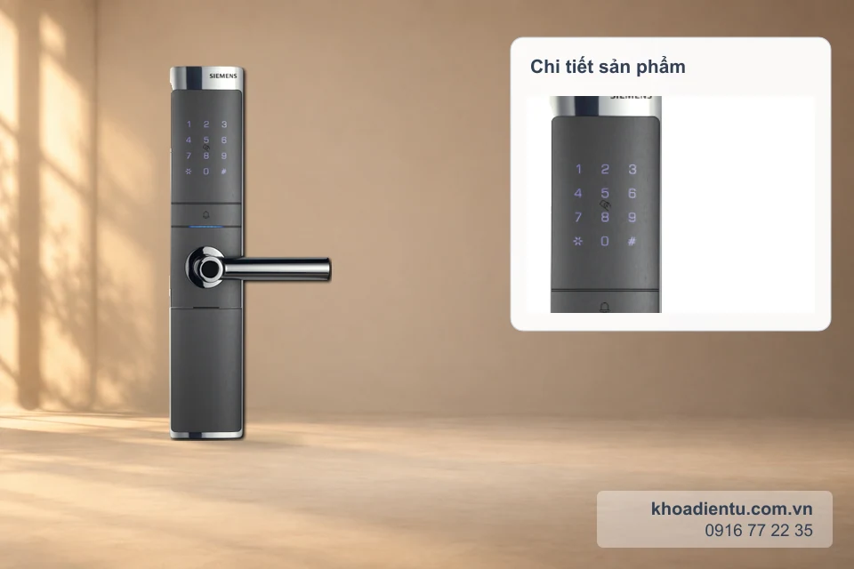 Khóa vân tay Siemens C321 (Đức) trên nền studio be với ánh sáng ấm, kèm ô phóng to chi tiết