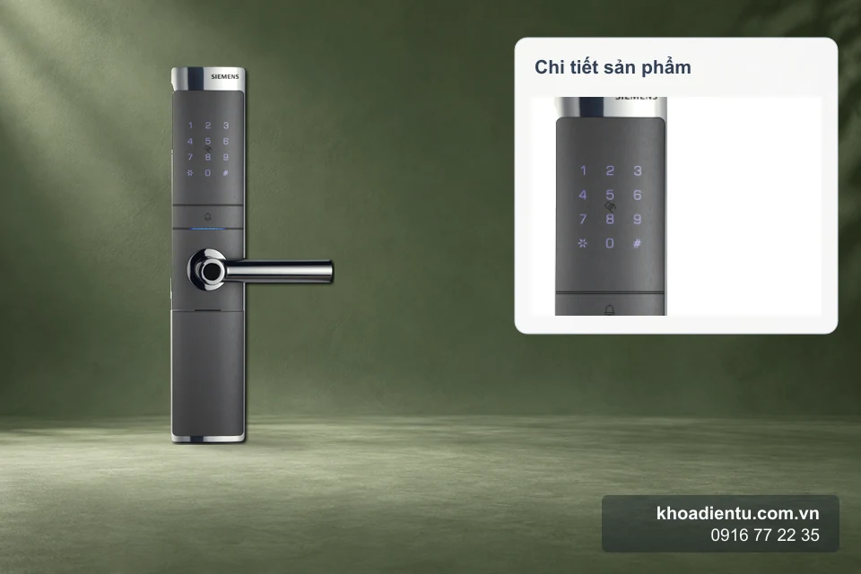 Khóa vân tay Siemens E327 (Đức) trên nền studio xanh trầm, kèm ô phóng to chi tiết