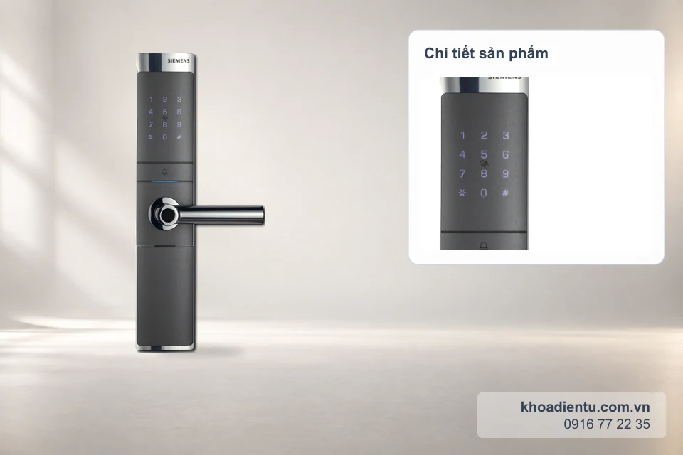 Khóa vân tay Siemens E868 (Đức) trên nền studio trắng kem, kèm ô phóng to chi tiết