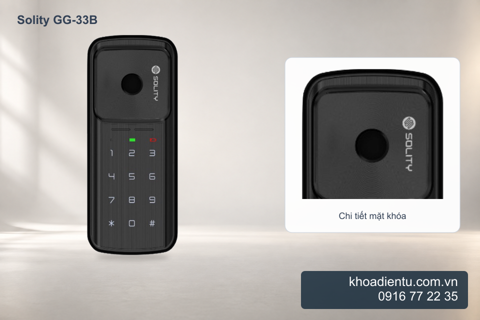 Khóa cửa điện tử vân tay Solity GG-33B trong studio trắng kem, chi tiết phóng to từ ảnh gốc
