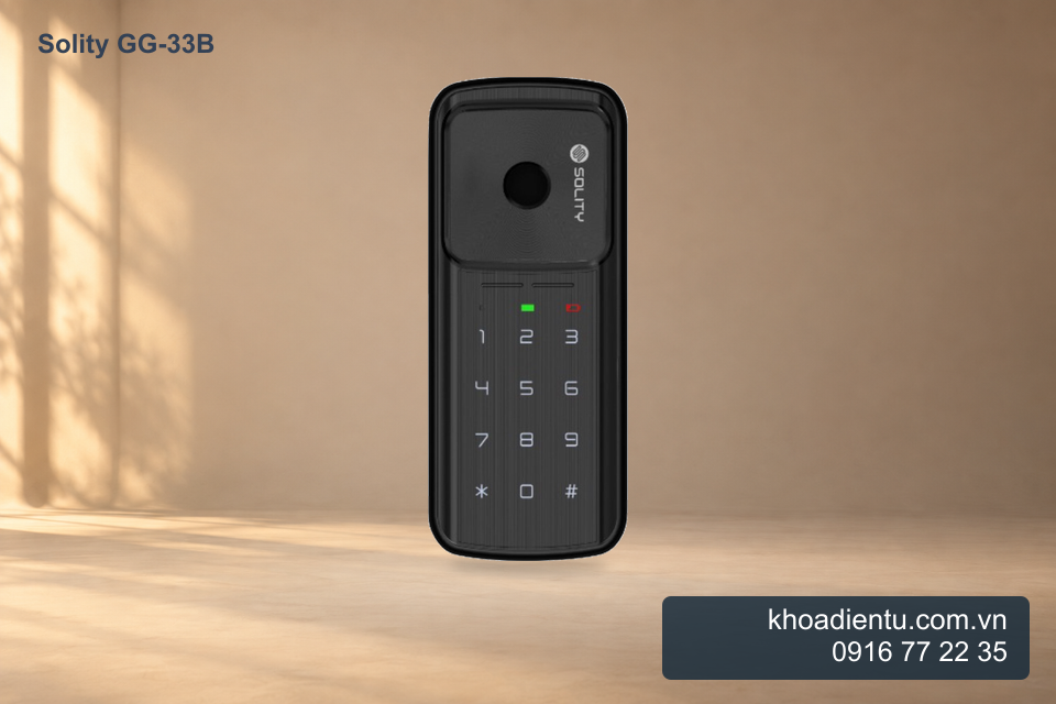 Khóa cửa điện tử vân tay Solity GG-33B trong studio be với ánh sáng ấm