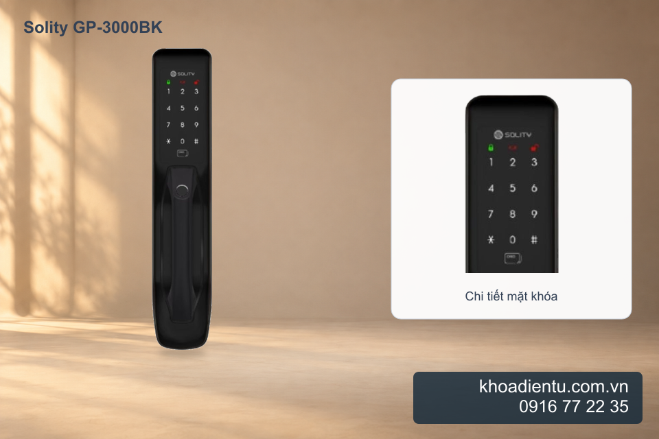 Khóa cửa điện tử vân tay Solity GP-3000BK trong studio be với ánh sáng ấm, chi tiết phóng to từ ảnh gốc