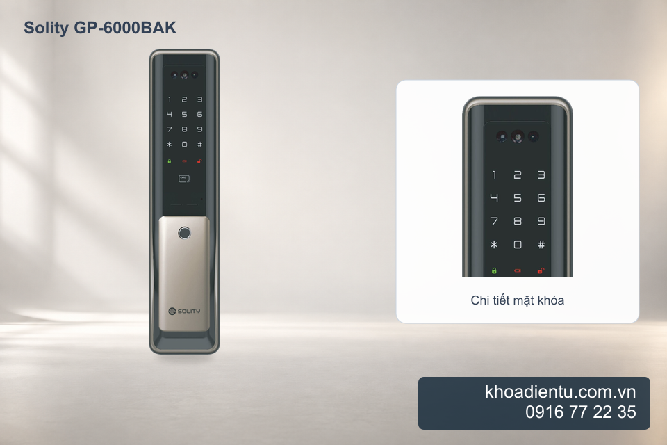Khóa cửa điện tử nhận diện khuôn mặt Solity GP-6000BAK trong studio trắng kem, chi tiết phóng to từ ảnh gốc