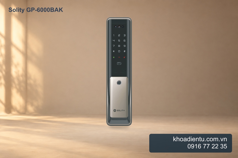 Khóa cửa điện tử nhận diện khuôn mặt Solity GP-6000BAK trong studio be với ánh sáng ấm