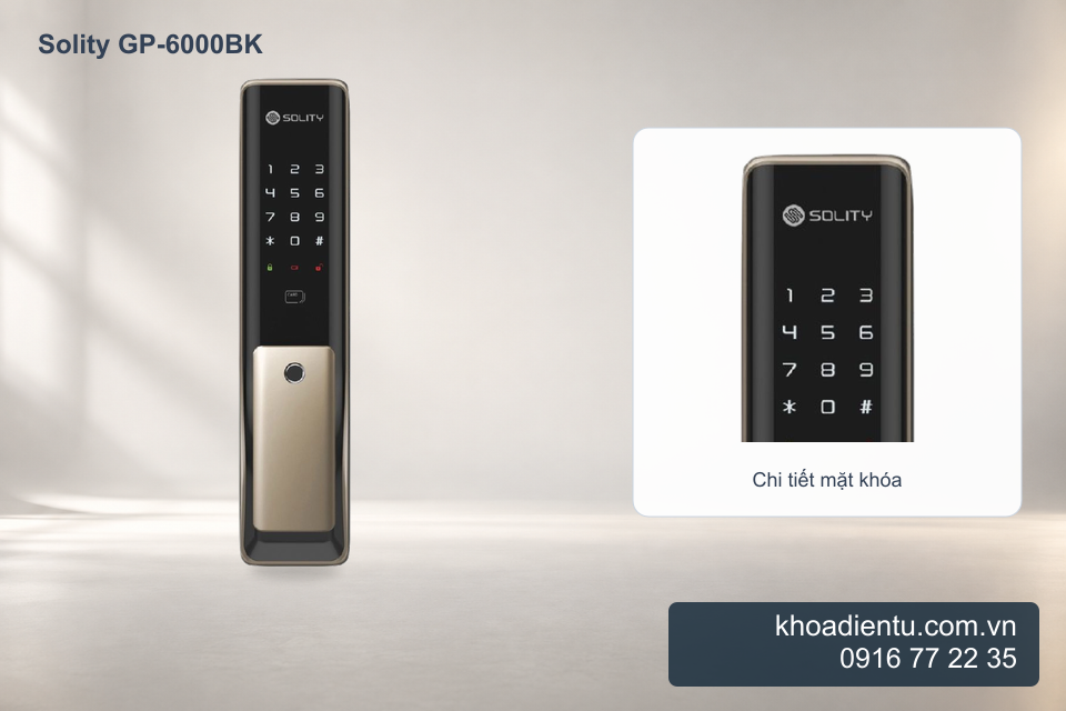 Khóa cửa điện tử vân tay Solity GP-6000BK trong studio trắng kem, chi tiết phóng to từ ảnh gốc